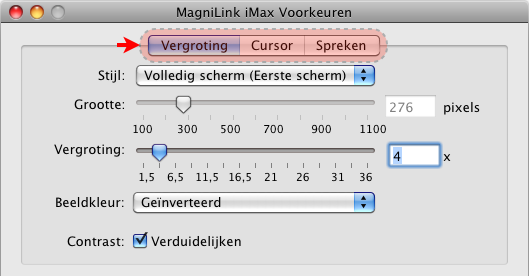 MagniLink iMax Voorkeuren: Vergroting, Cursor en Spreken