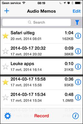 Audio Memo's-schermafbeelding met lijst van opnames