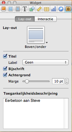 Het venster Widget Info, waarin je een toegankelijkheidsbeschrijving, een titel en een bijschrift aan een afbeelding kan toevoegen