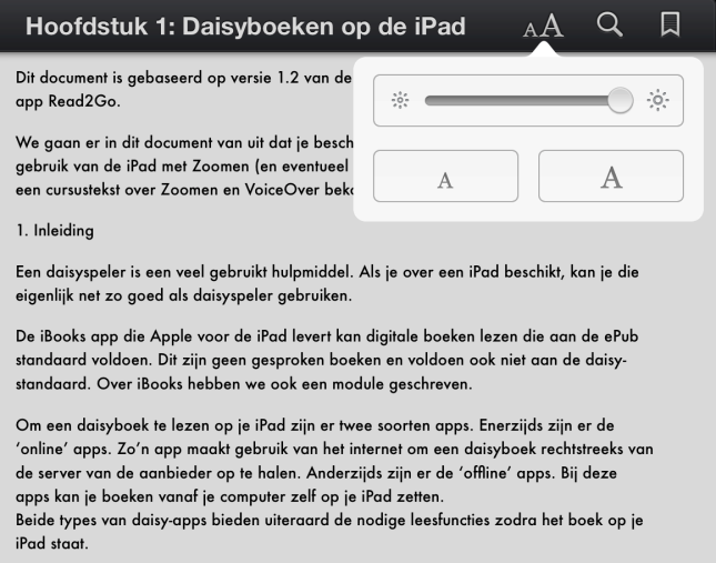 Het leesvenster in de verticale orintatie bij iBooks met een relatief kleine tekengrootte