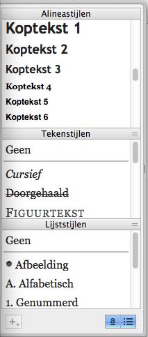 Het stijlenpallet voor het toekennen van kopstijlen in iBooks Author