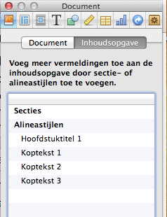 Het paneel om een inhoudsopgave te maken in een iBook