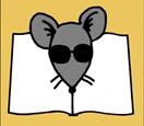 Muis met zwarte zonnebril en 4 snorharen afgebeeld in het midden van een opengeslagen boek met witte pagina's.
