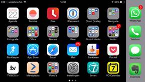 Te zien is dat de dock zich nu helemaal rechts bevind. In totaal staan 4 rijen en 7 kolommen met apps op het scherm. Onder andere VO Calendar, Seven, Pocket, Marktplaats, 1 Password en Rabo internetbankieren.