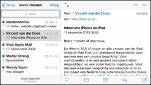Te zien is dat links de inkomende mail staat en rechts een mail is geopend.