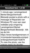 Schermafdruk van een bericht. Hierin is te lezen; "1 minute ago, Lansingerland Berkel Bergschenhoek Bleiswijk posted a photo with a message of Reparatie van Windows PC voor een zeer redelijke prijs... etcetera