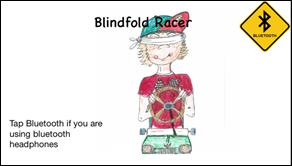 Startscherm app Blindfold Racer met getekend mannetje die een stuur in zijn handen heeft.