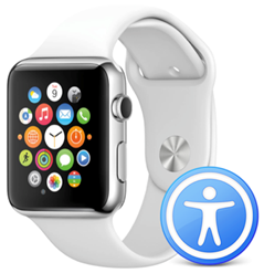 Een Apple Watch Sport Edition met een witte kunststof polsband met het Apple 'Universal Access' toegankelijkheidslabel