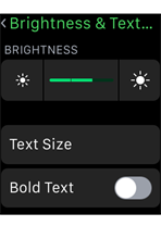 Het instellingenpaneel voor helderheid, vette tekst en grote tekst op de Apple Watch