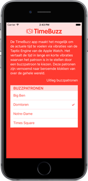 Buzzpatronen keuzelijst staat op het scherm. De volgende buzz patronen zijn beschikbaar: Big Ben, Domtoren, Notre-Dame en Times Square