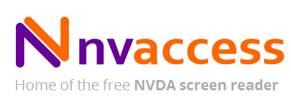 In oranje/purperen letters staat er nvaccess. Daaronder staat 'Home of the free NVDA screen reader'.
