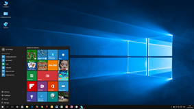 Het Windows 10-bureaublad, met uitgeklapt startmenu met de tegelstructuur