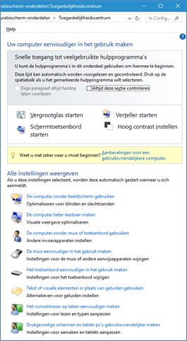 Het 'oude' toegankelijkheidscentrum in Windows 10