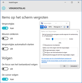 Het instellingenpaneel en het opties-venster van het Windows 10-Vergrootglas