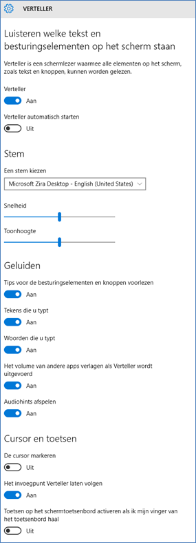 Het instellingenpaneel van de Windows 10 Verteller
