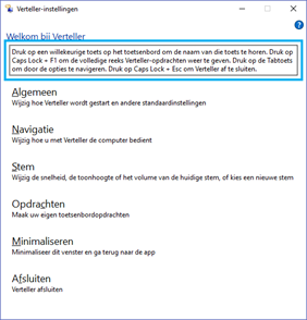 Het instellingenvenster van de Windows 10 Verteller