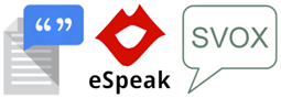 De logo's van de spraakproducten Svox, eSpeak en Google tekst-naar-spraak