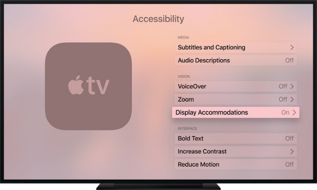afbeelding van AppleTV interface met aangepaste kleurfilter ingeschakeld