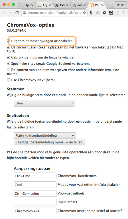 een afbeeldingvan de ChromeVox-opties