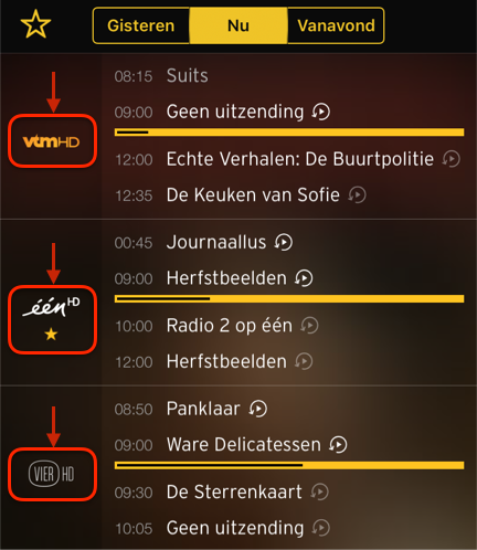 De tv-gids in de Yelo-app gebruikt pictogrammen die VoiceOver niet uitspreekt, om de tv-zenders aan te duiden