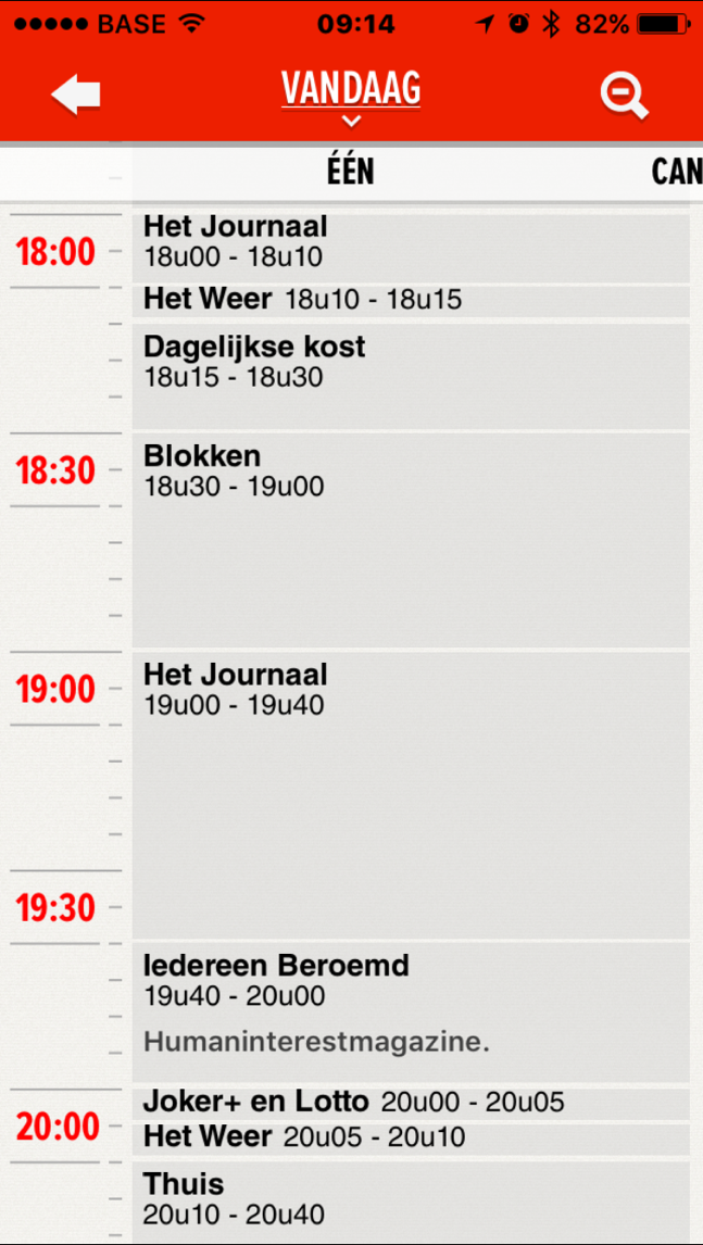 De tv-gids van de Humo-app toont een horizontale balk om de tv-zender te kiezen, met daaronder een verticale tijdsbalk met programma-overzicht