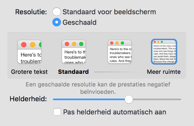 Venster om geschaalde resolutie in te stellen op de Mac.