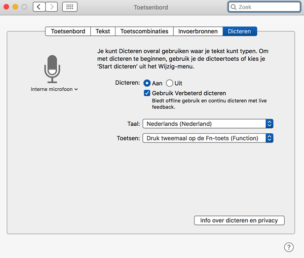 Instellingenvenster voor dicteren op de Mac