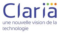 Blauwe letters Claria met daaronder de tekst 'une nouvelle vision de la technologie'.
