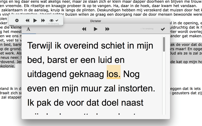 Schermafbeelding Dictator venster met tekst die vergroot in een venster wordt voorgelezen.