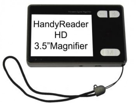Bovenzijde HandyReader met scherm, drie grijze knoppen en een polsriempje.