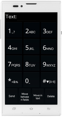 smartphone met zwart scherm waarop in witte tekst een cijfertoetsenbord en enkele functietoetsen te zien zijn.