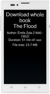 smartphone met zwart scherm waarop in witte letters te lezen staat 'Download whole book The Flood' met daaronder nog enkele gegevens van het boek.