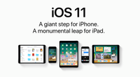 We zien twee iPhones en drie iPads naast elkaar met op hun scherm een voorstelling van typische iOS 11 beelden.