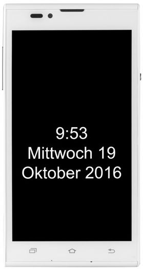 smartphone met zwart scherm waarop in witte grote letters te lezen is '9:53 Mittwoch 19 Oktober 2016'.