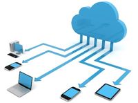 Een wolk ofwel Cloud, met daarop verschillende apparaten zoals computers, tablets en smartphones aangesloten.