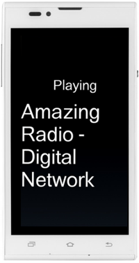 smartphone met zwart scherm waarop in witte grote letters te lezen is 'Playing Amazing Radio - Digital Network'.