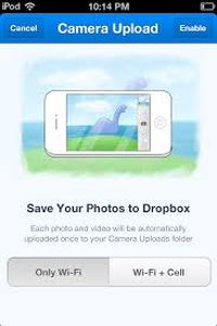 Camera uploadscherm van Dropbox met tekst: Save your photos to Dropbox.