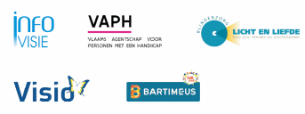 logos of the publication board members: Infovisie, VAPH, Blindenzorg Licht en Liefde, Koninklijke Visio and Bartimeus 