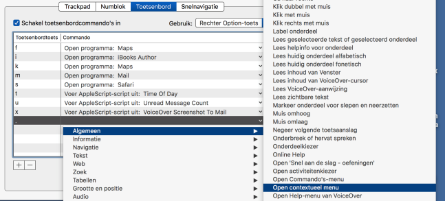 Programmeren van de sneltoets OPTION + PUNT om het contextmenu te openen.