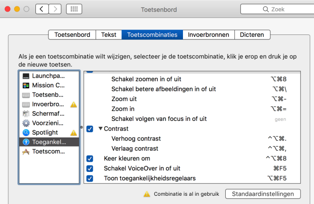 Instellingenvenster met toetscombinaties voor vergroting, contrast en helderheid.