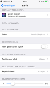 Earfy instellingen scherm