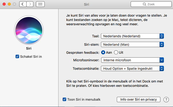Instellingenvenster van Siri in MacOS Sierra