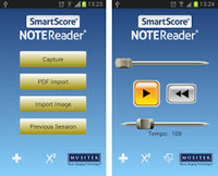 Het startscherm van Smartscore NoteReader, en het afspeelscherm nadat een scan is genaakt.