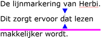 Twee blauwe driehoekjes geven de plaats van de cursor aan en onder de tekstlijn wordt een felroze lijn getrokken.