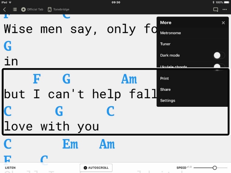 Tekst met VoiceOver cursor en menu opties.