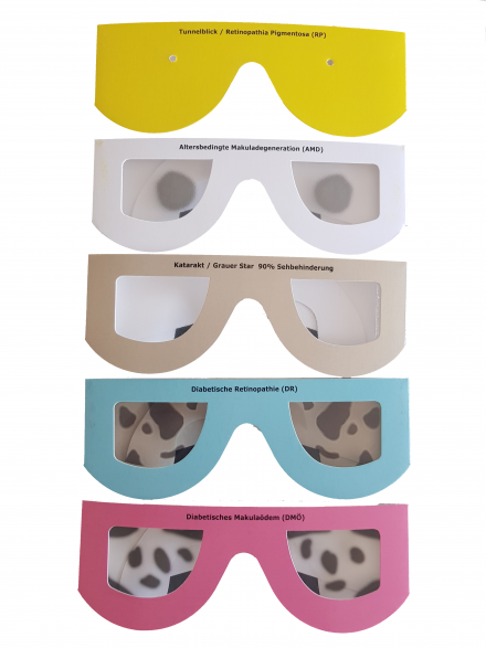 vijf gekleurde brillen in karton