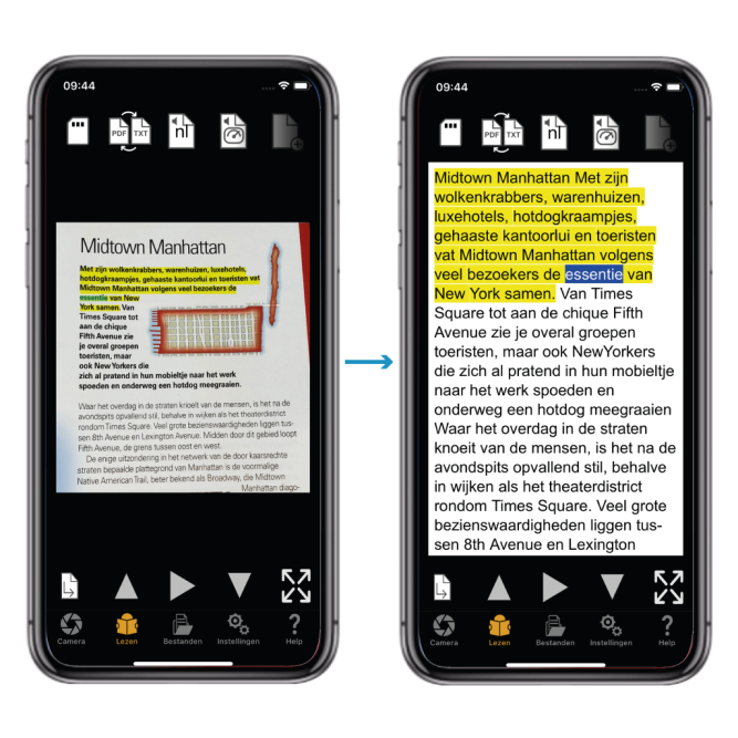 smartphone scherm met daarop gescande tekst waarin een deel van de tekst gemarkeerd is met gele fluo