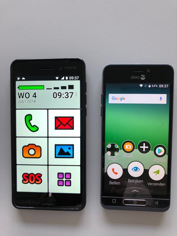 links: Nokia 6 met Big Launcher-schil; rechts: de Doro 8035