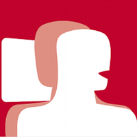 logo; twee hoofden tegen rode achtergrond