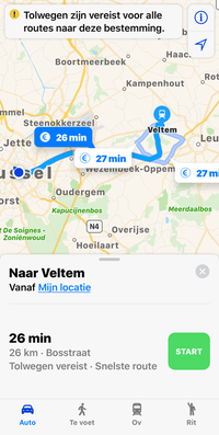 Routeberekeningsscherm van Apple Kaarten